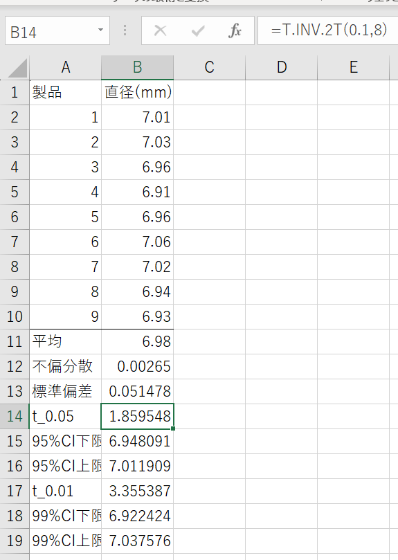 エクセルでの区間推定（t 分布）